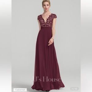 A-line V-Neck Floor-Length Chiffon Lace Evening Dress